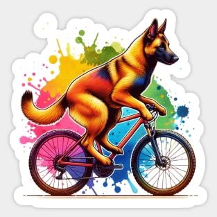 Watercolor Belgian Malinois Dog Riding A Bike Sticker